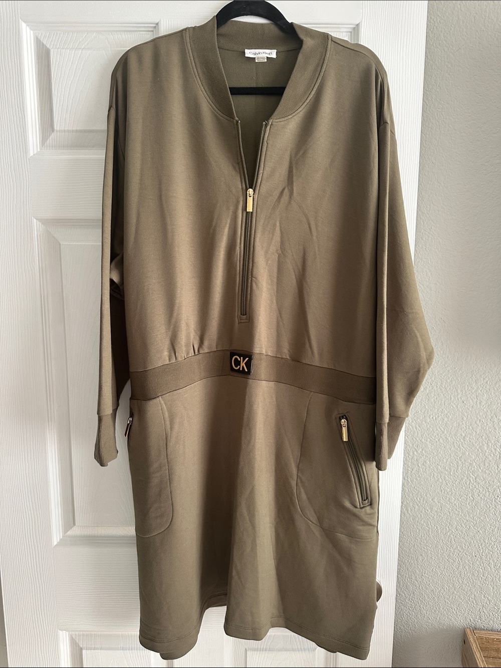 Calvin Klein Olive Utility Half-Zip Dress with CK Waist Emblem